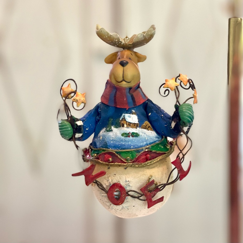 Fabric Ornament Mache Reindeer 
“NOEL” displays in red tin!
New in box.